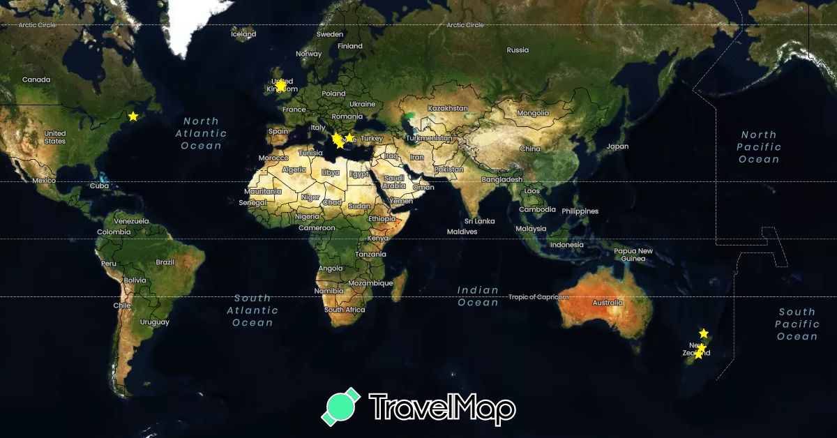 TravelMap itinerary: driving in Canada, United Kingdom, Greece, New Zealand (Europe, North America, Oceania)