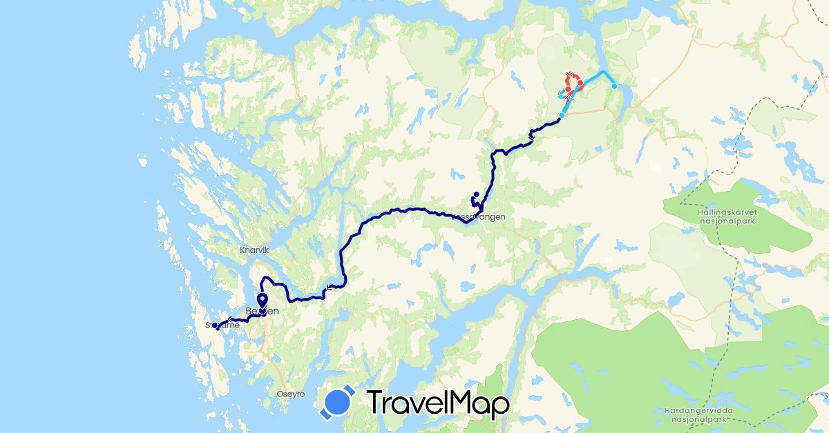 TravelMap itinerary: driving, hiking, boat in Norway (Europe)
